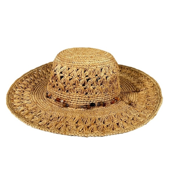 SCALA Beaded Accent Woven Straw Boho Summer Sun Hat - Picture 1 of 7